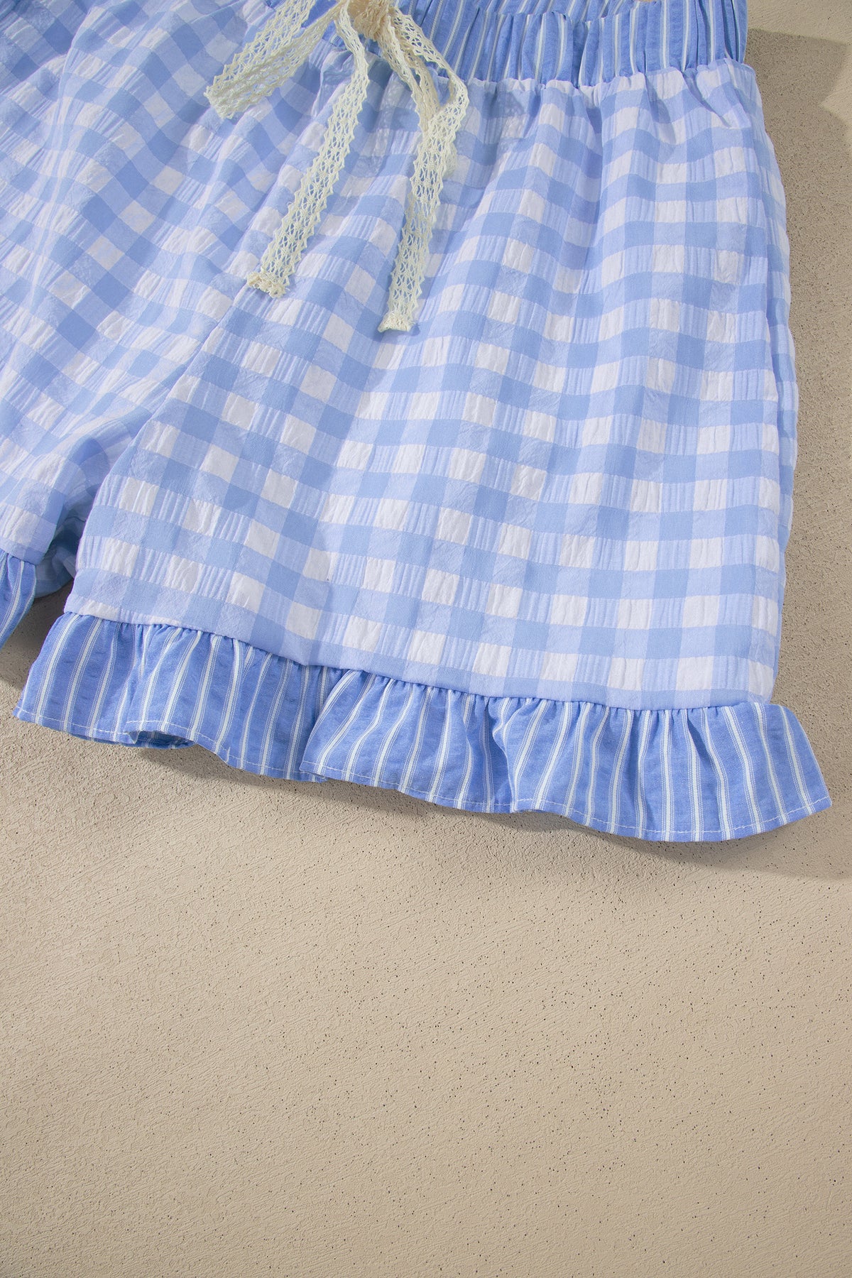 Red Gingham Print Ruffle Striped Detail Lace Tie Shorts