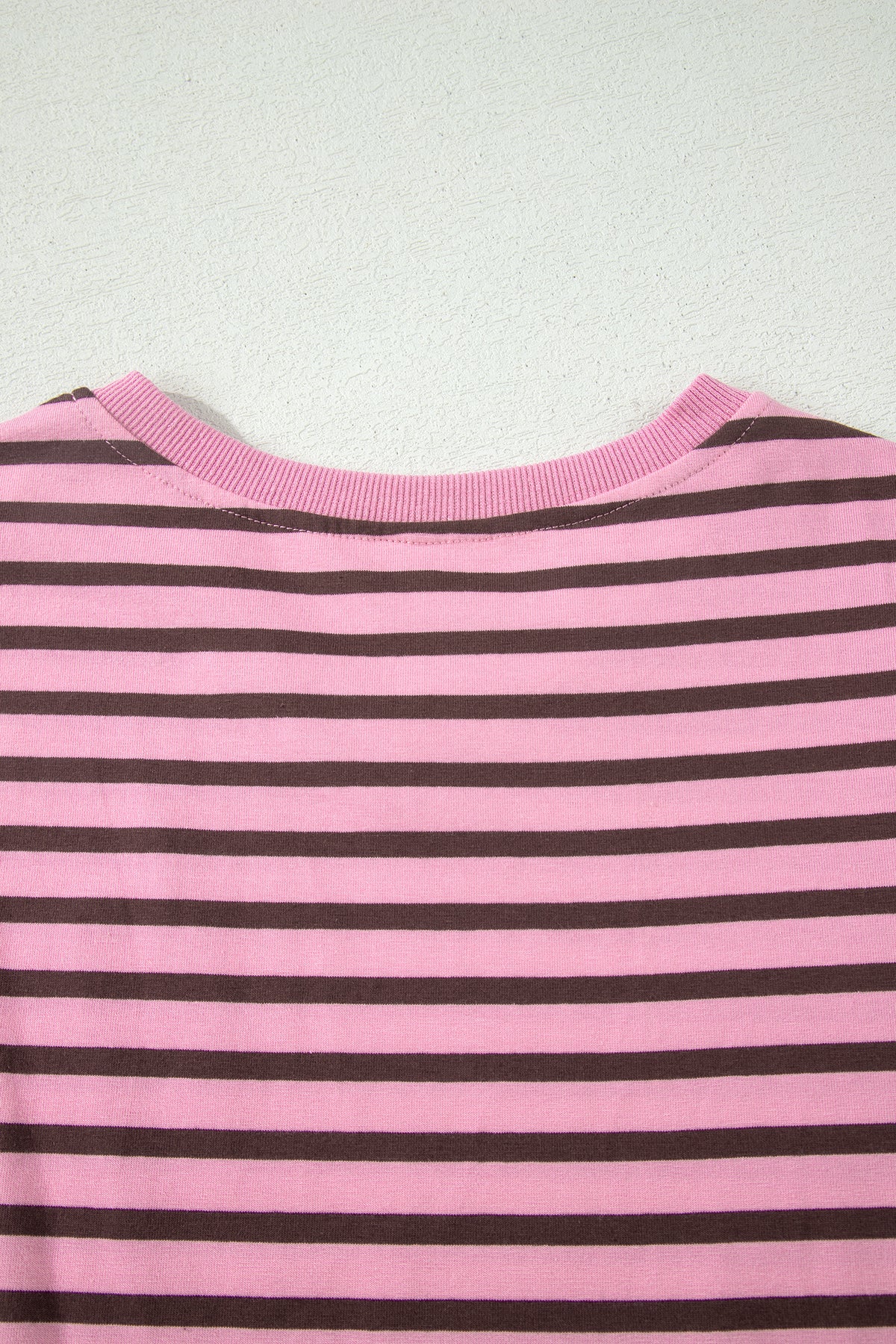 Rose Stripe Striped V-Neck Ribbed Collar Cuff Gathering Puff Sleeve Top