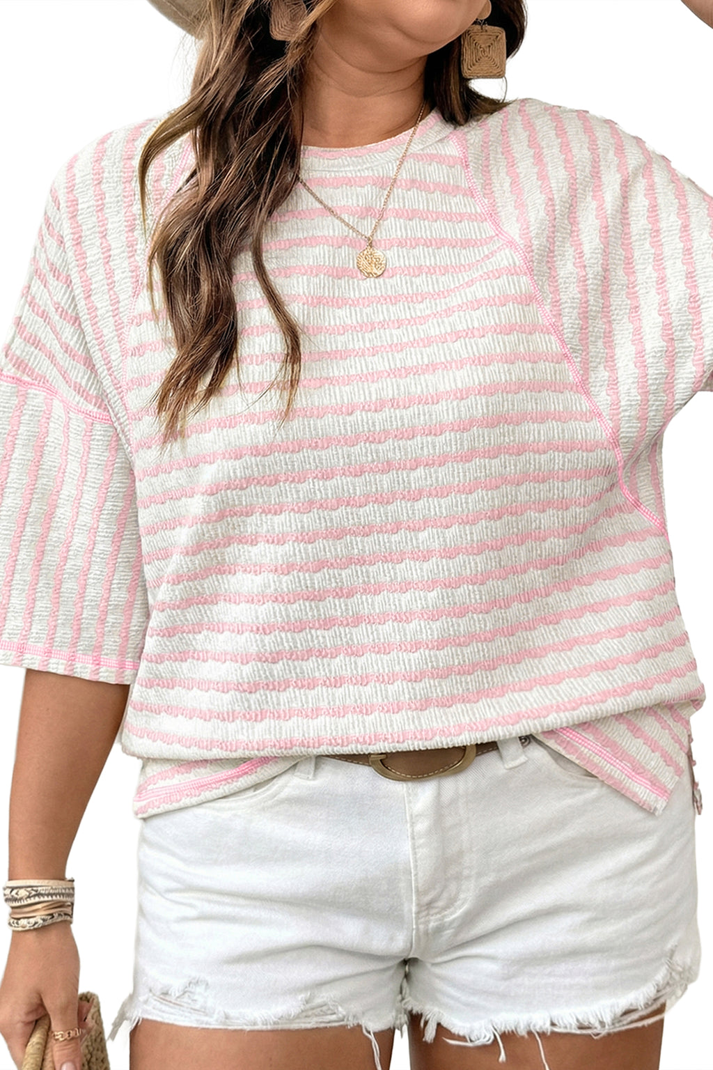 Apricot Stripe Plus Size Textured Patchwork Detail Half Sleeve Top