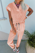 Apricot Pink Solid Color V Neck Tee Drawstring Pant Set