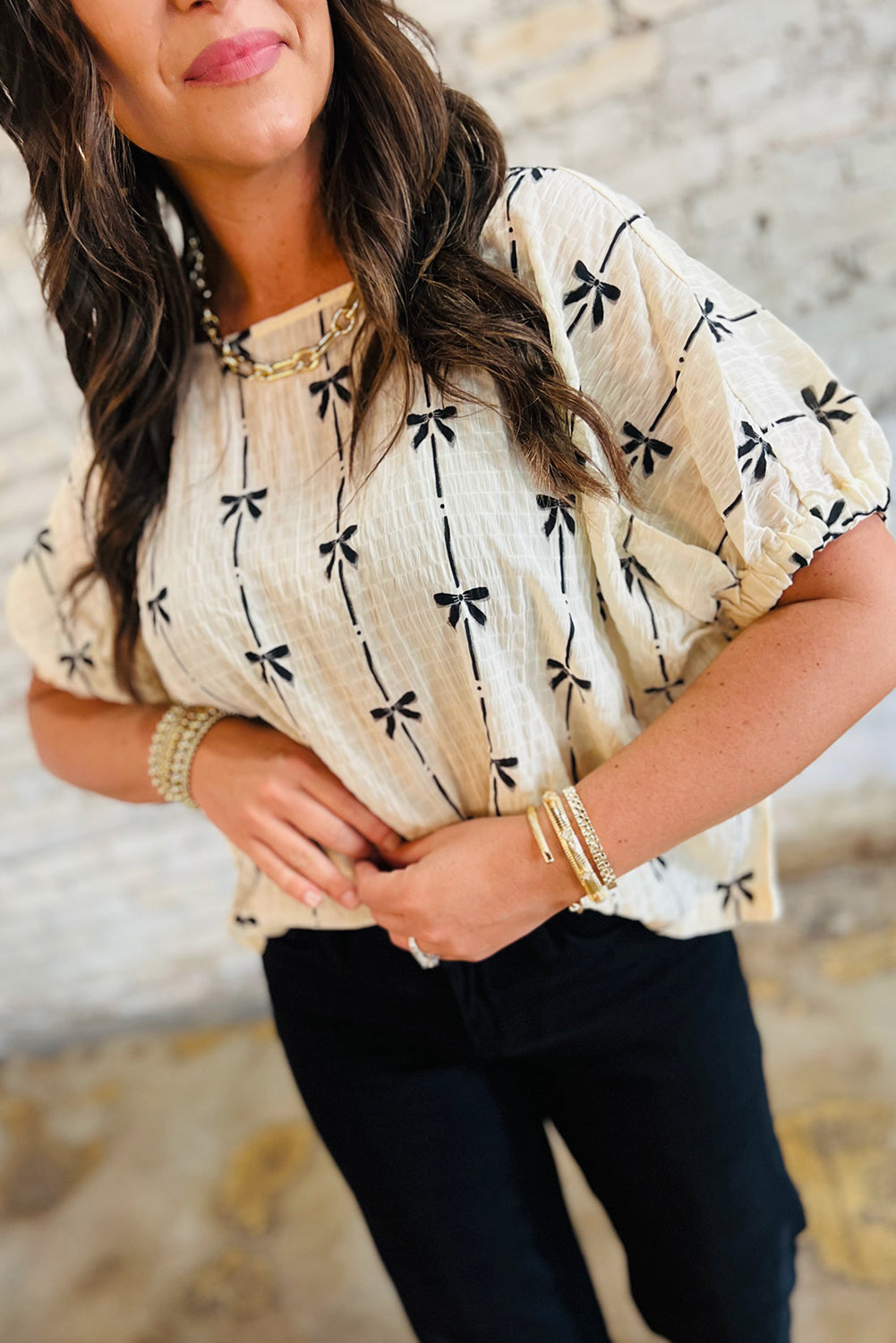 Beau Blue Bow Print Puff Short Sleeve Top