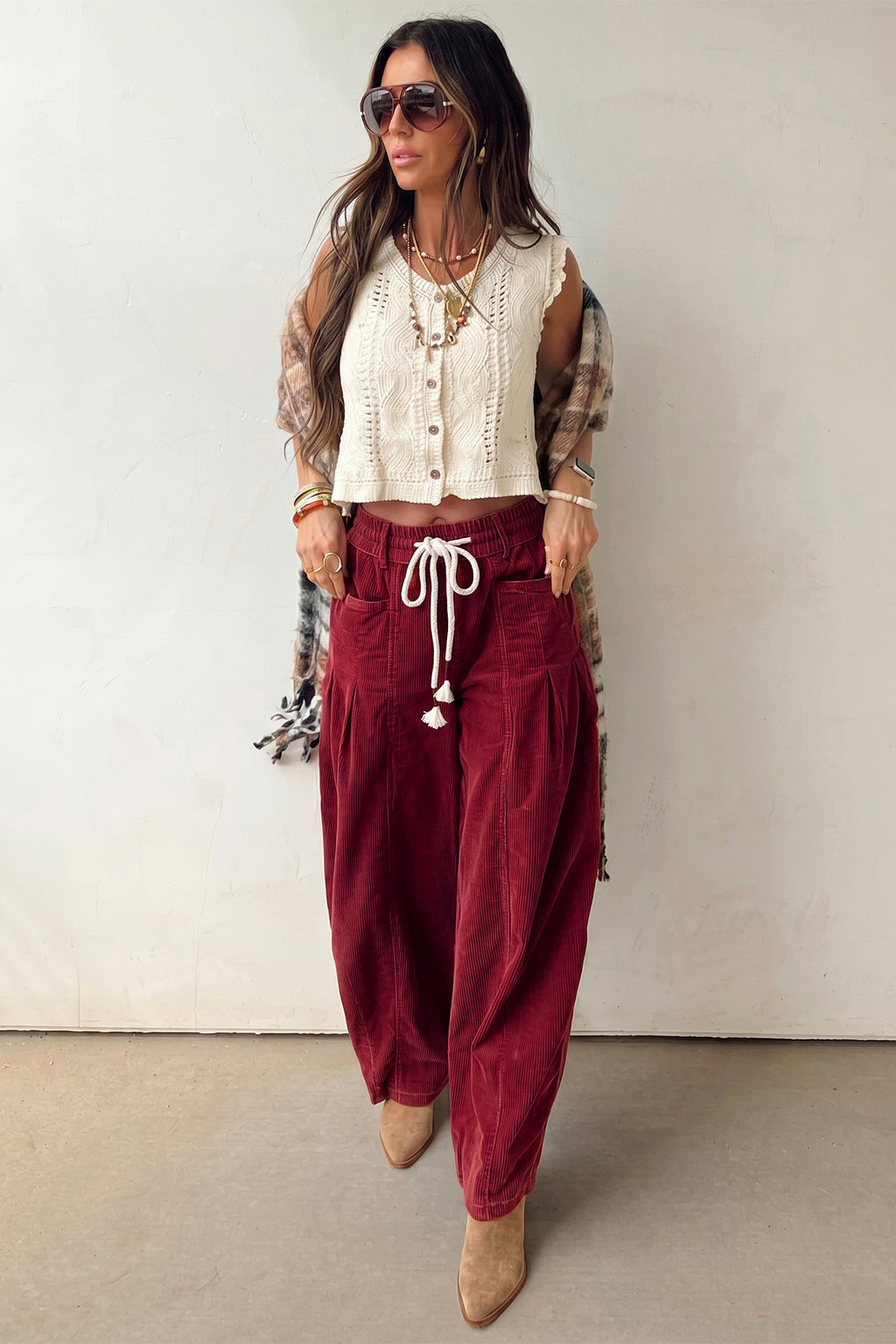 Chestnut Elastic Waist Drawstring Corduroy Casual Pants