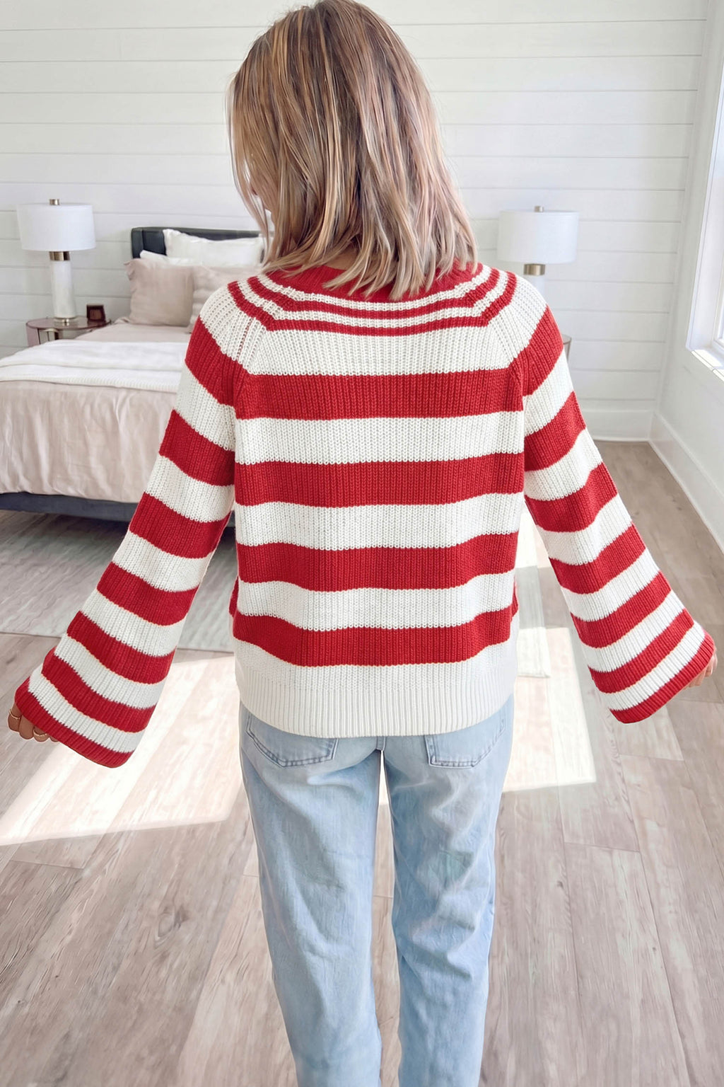 Red Stripe Striped Colorblock V Neck Long Sleeve Shift Sweater