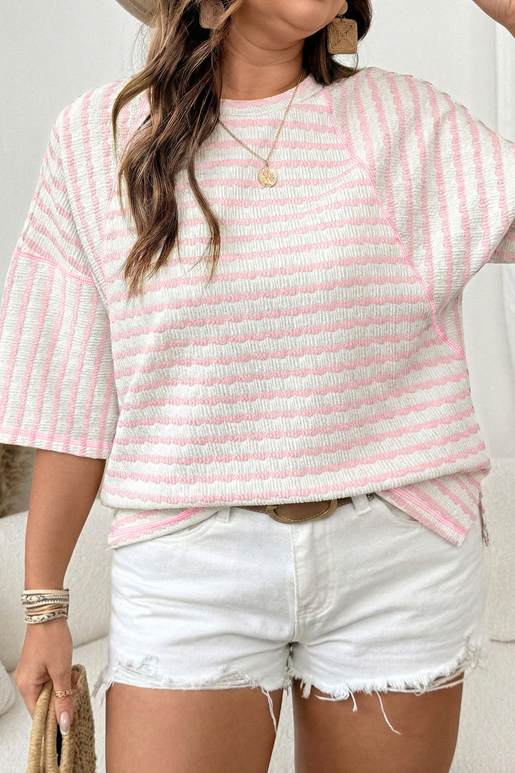 Apricot Stripe Plus Size Textured Patchwork Detail Half Sleeve Top