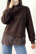 Coffee Solid Color High Neck Lace Splicing Hem Pullover Sweatshirt