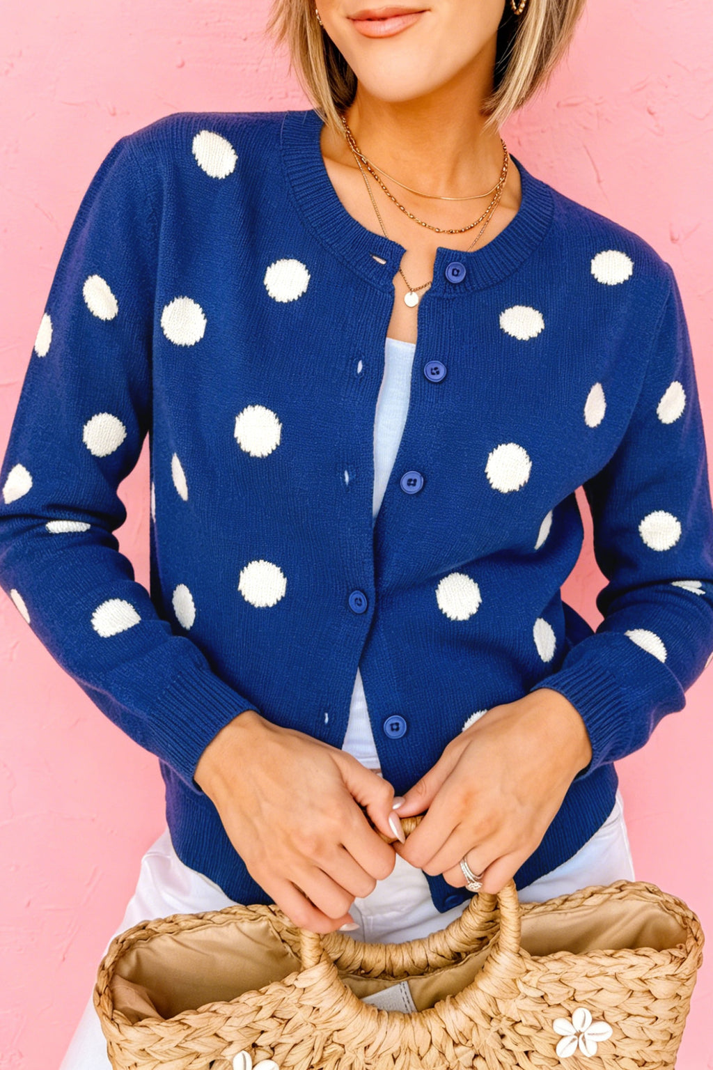 Yellow Cream Casual Polka Dot Button Front Long Sleeve Sweater Cardigan