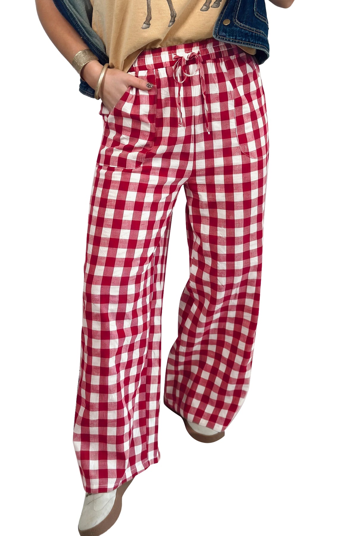 Blue Gingham Plaid Tie Elastic Waist Shift Pants