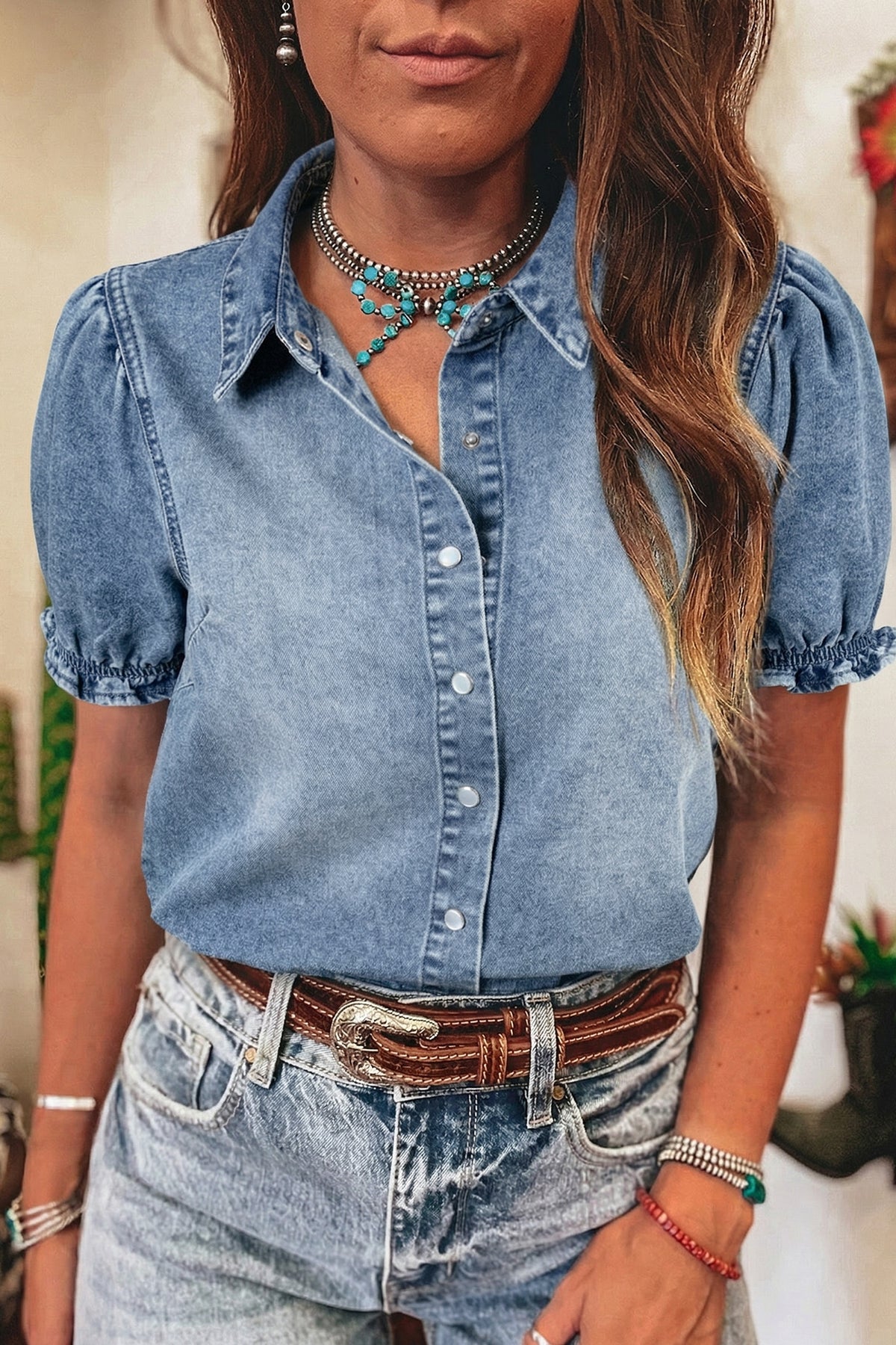 Beau Blue Frilled Short Sleeve Snap Button Denim Shirt