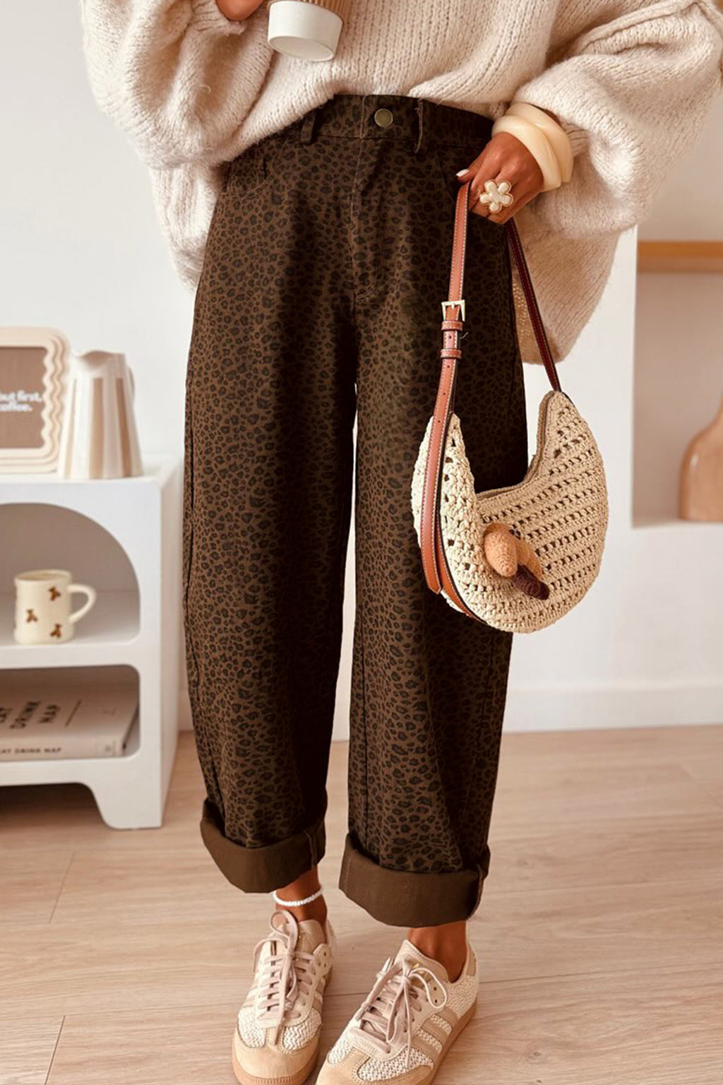 Brown Casual Leopard Print Full-Length Regular Fit Jeans