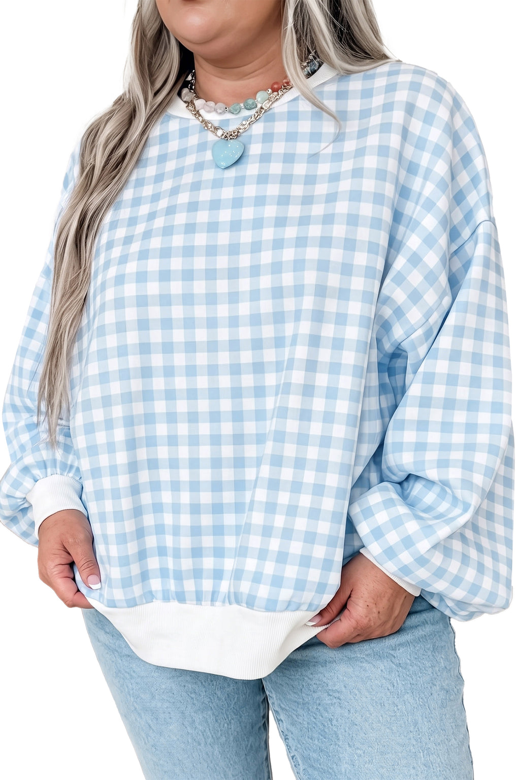 Light Blue Casual Plus Size Plaid Sweatshirt