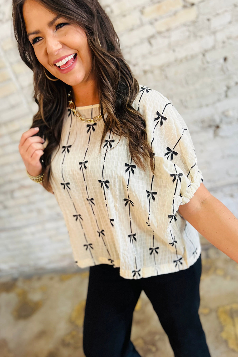 Beau Blue Bow Print Puff Short Sleeve Top
