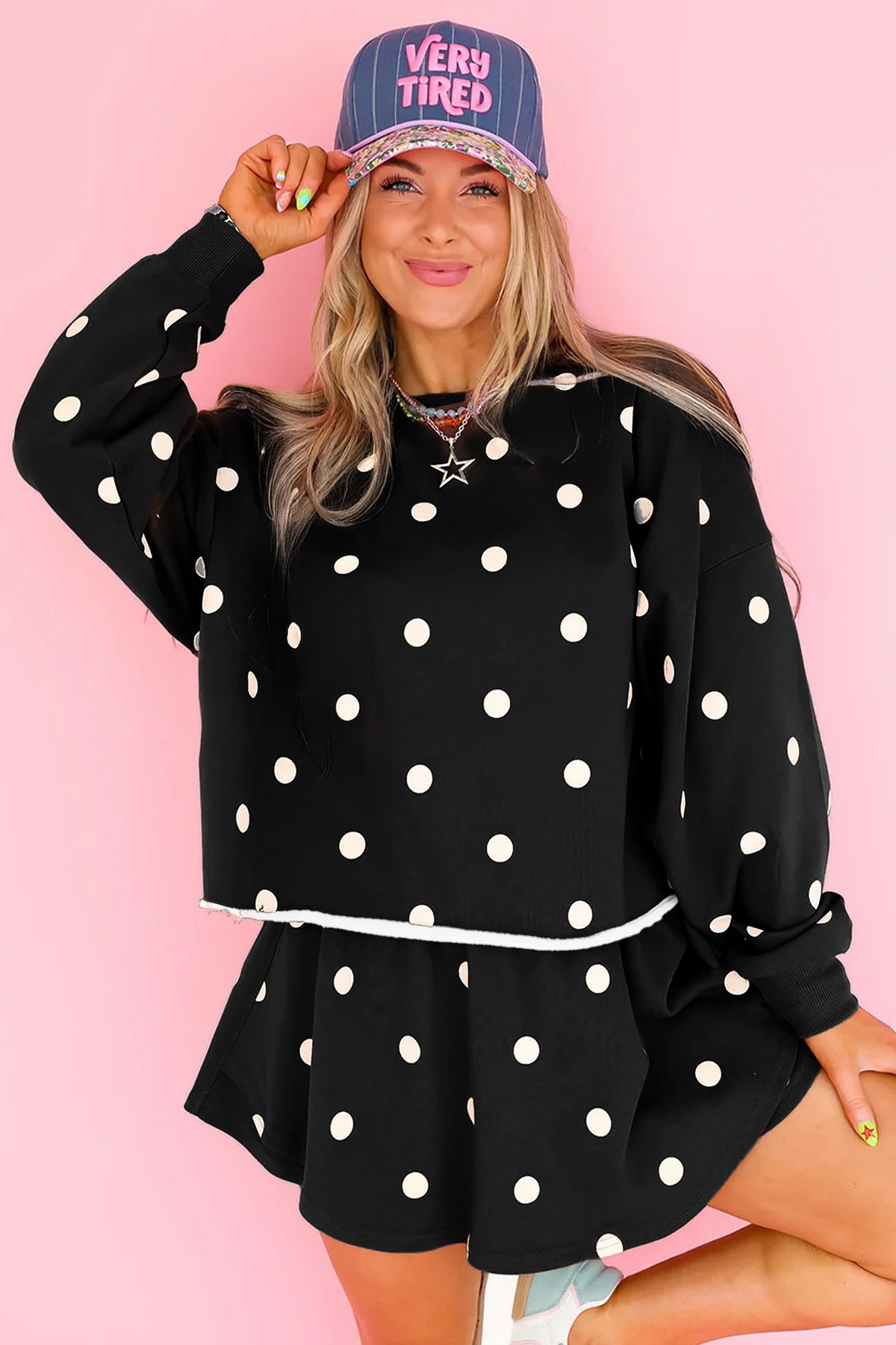 Brown Polka Dot Raw Hem Relaxed Pullover Loose Skort Two Piece Set