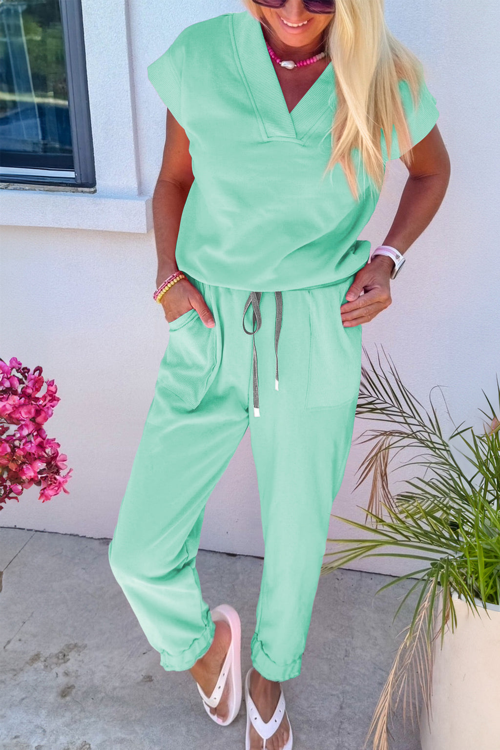 Apricot Pink Solid Color V Neck Tee Drawstring Pant Set