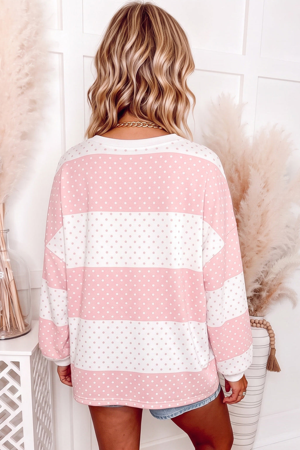Brown Polka Dot Patchwork Colorblock Long Sleeve Top