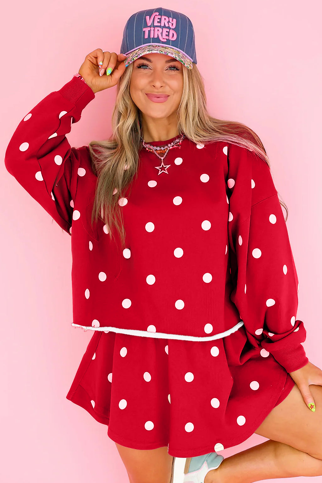 Brown Polka Dot Raw Hem Relaxed Pullover Loose Skort Two Piece Set
