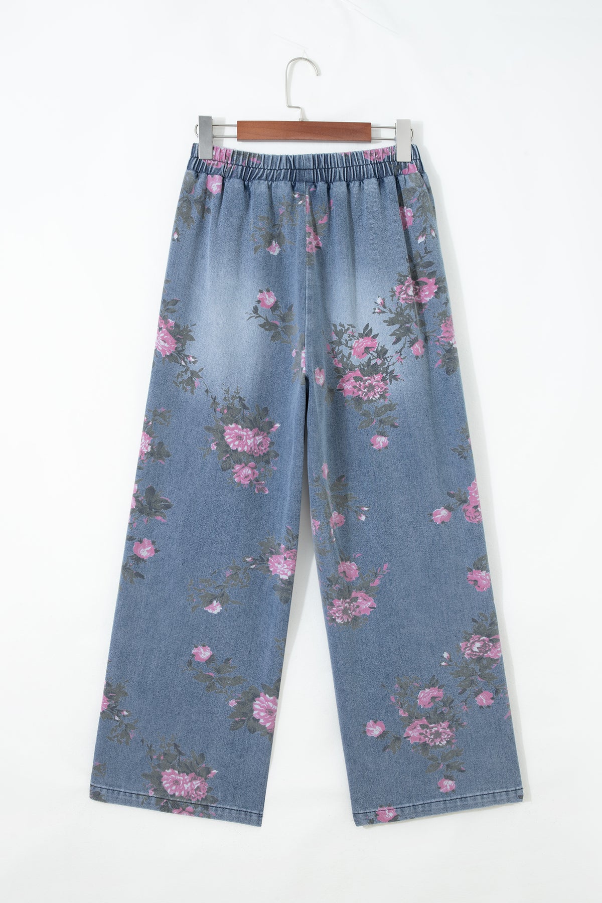 Beau Blue Floral Print Elastic Waist Pull On Casual Jeans