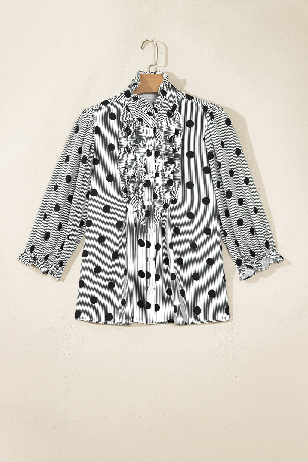 Black white Polka Dot Striped Print Ruffle Stand Neck 3/4 Sleeve Shift Shirt