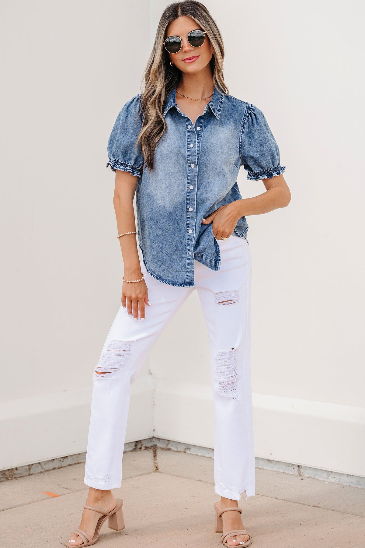 Beau Blue Frilled Short Sleeve Snap Button Denim Shirt