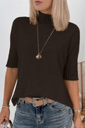 Dark Brown Ribbed Trim High Neck Short Sleeve Casual Sweater