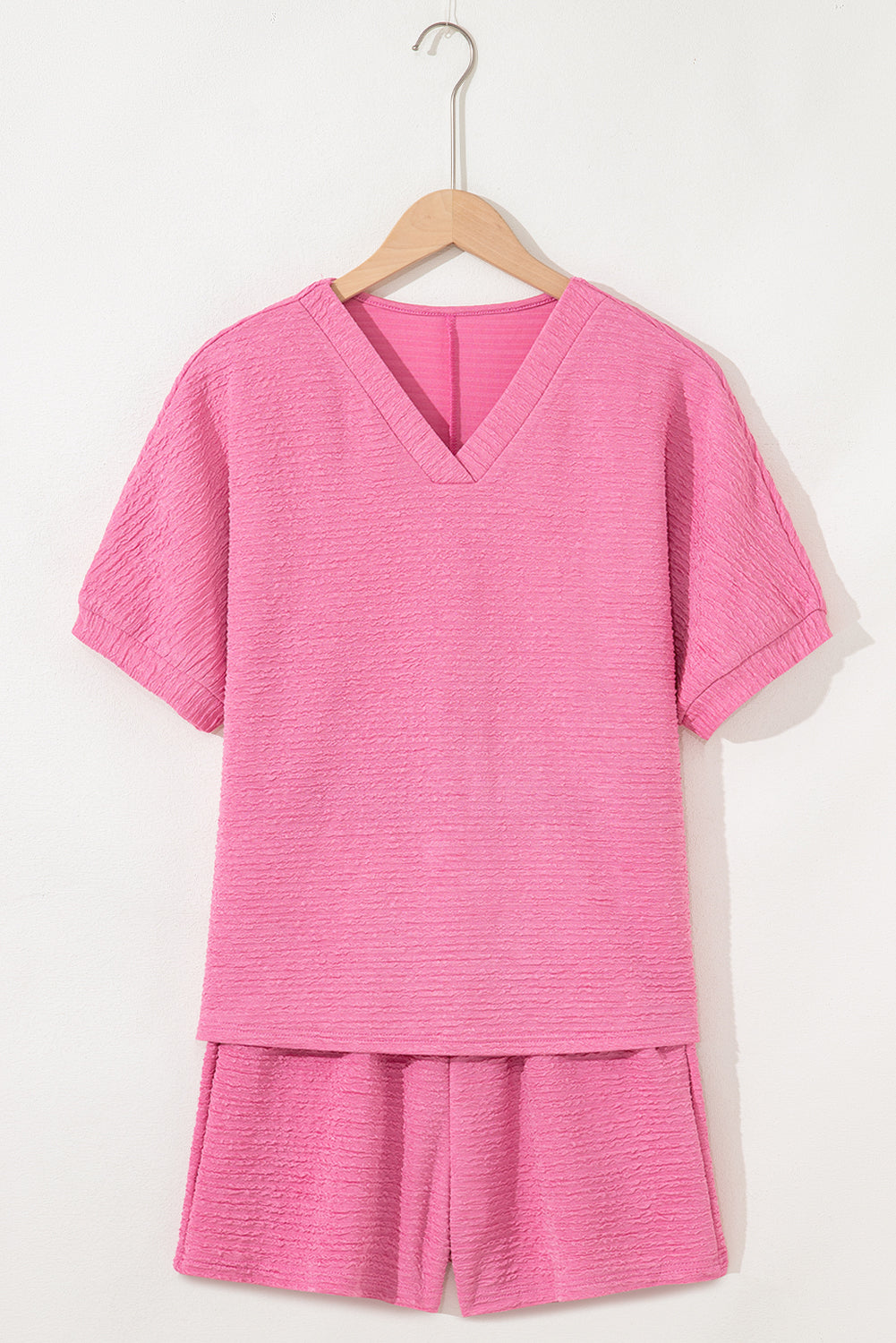 Apricot Textured V Neck T Shirt and Shorts Set
