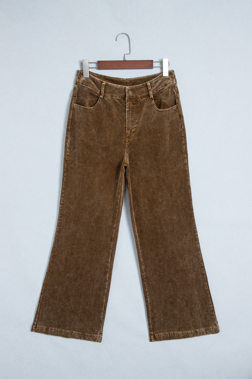 Camel Straight Leg Corduroy Metal Button Zip-up Pants