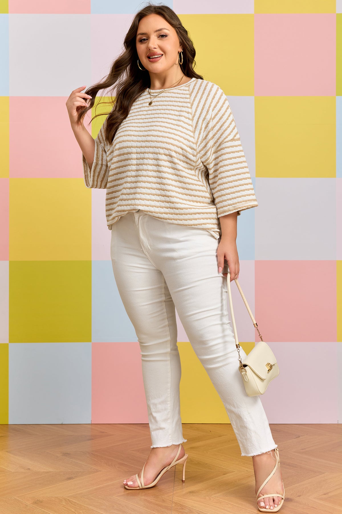 Apricot Stripe Plus Size Textured Patchwork Detail Half Sleeve Top