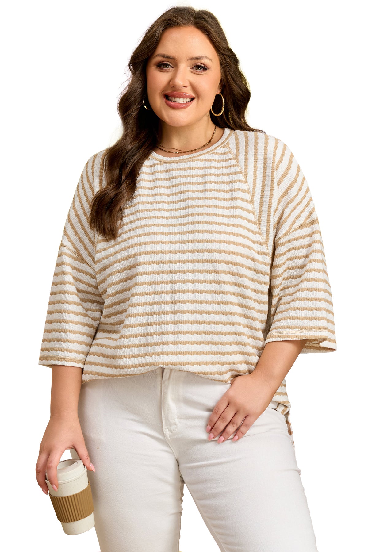 Apricot Stripe Plus Size Textured Patchwork Detail Half Sleeve Top