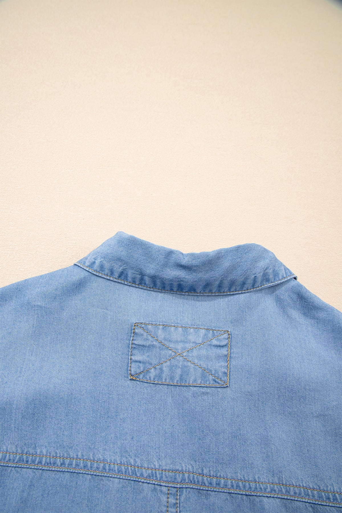 Beau Blue Half Sleeve Button Down Ruffled High Low Chambray Shirt