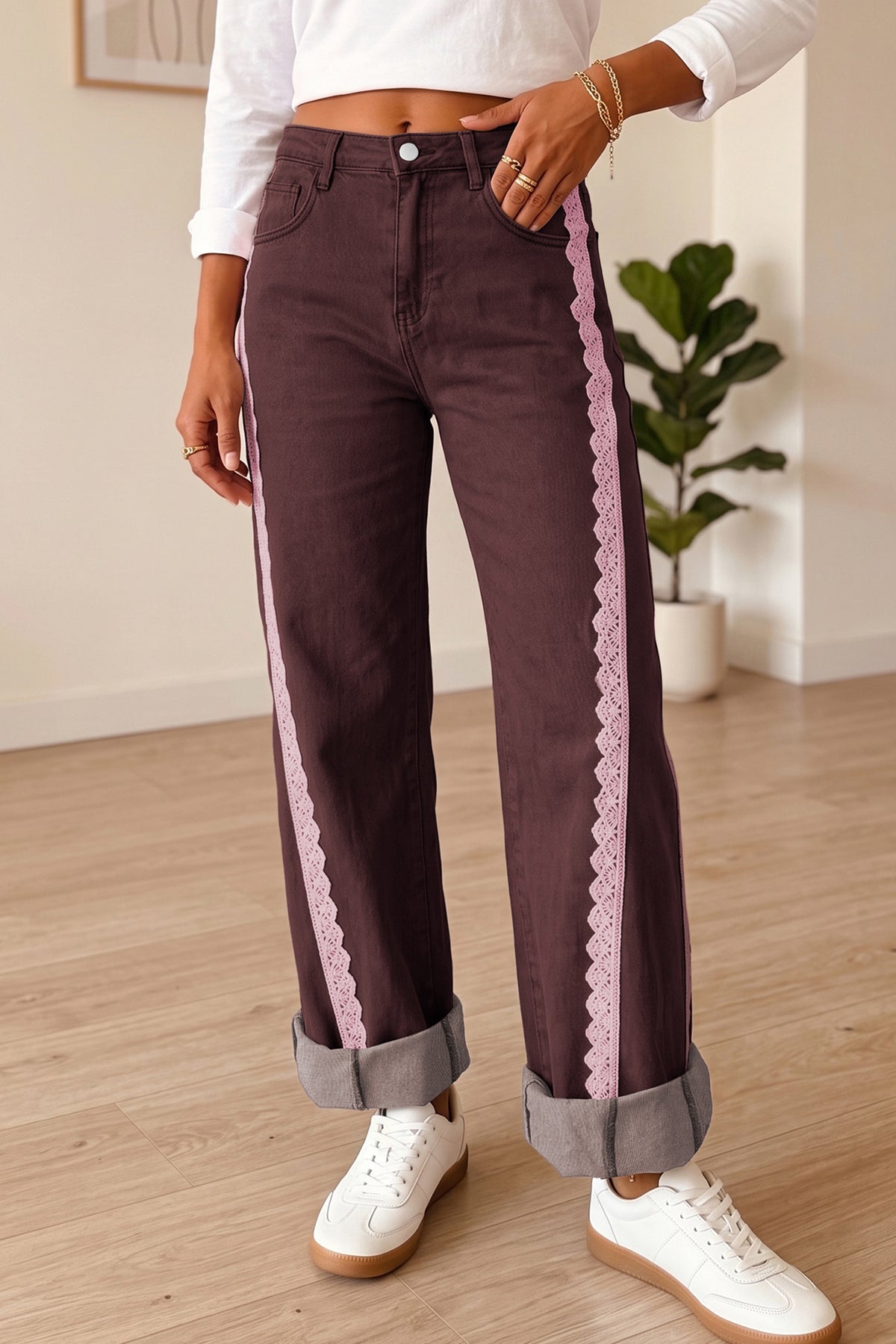 Beau Blue Lace Trim Casual Full-Length Regular Fit Jeans