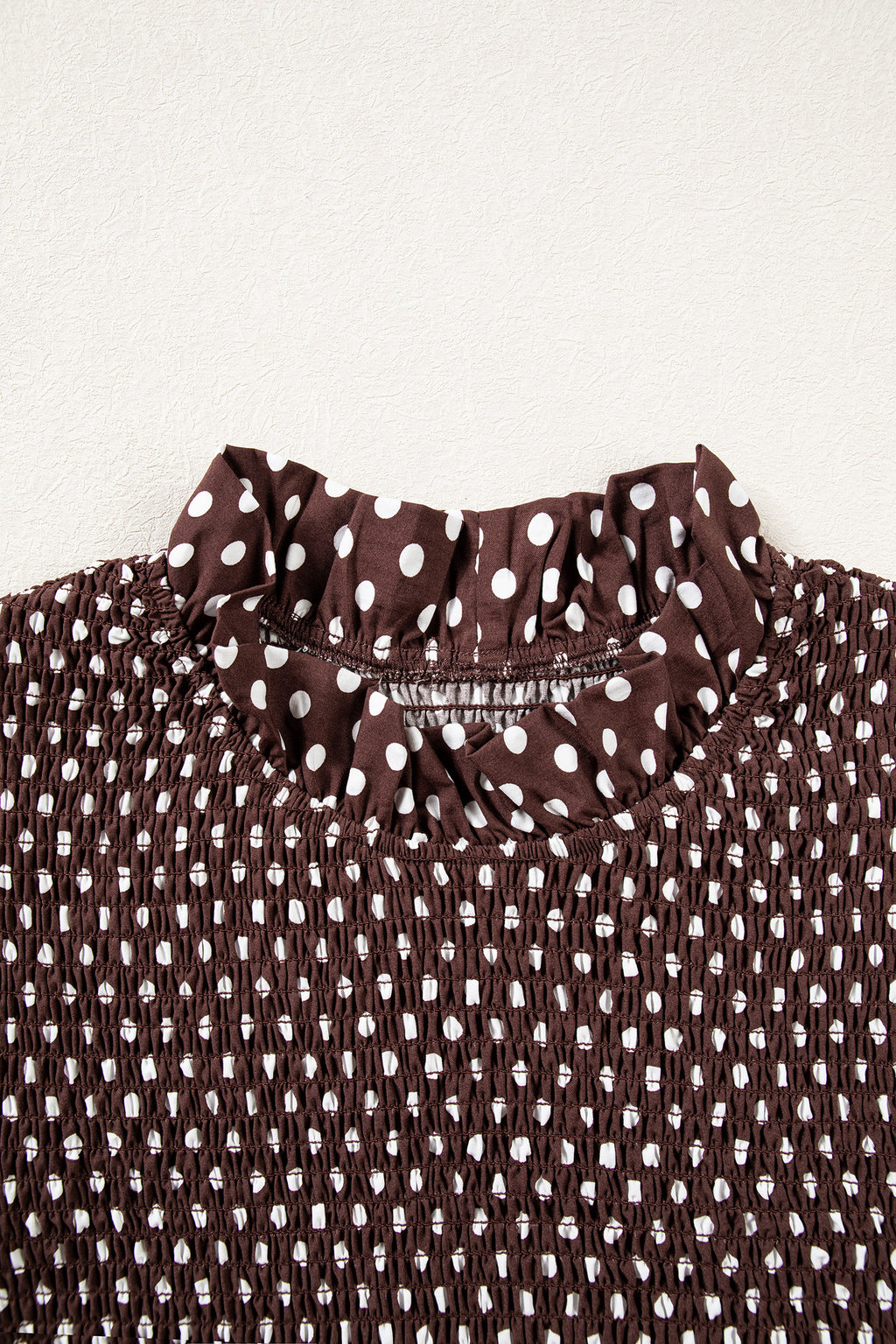 Brown Polka Dot Ruffled High Neck Shirred Ruffle Hem Blouse