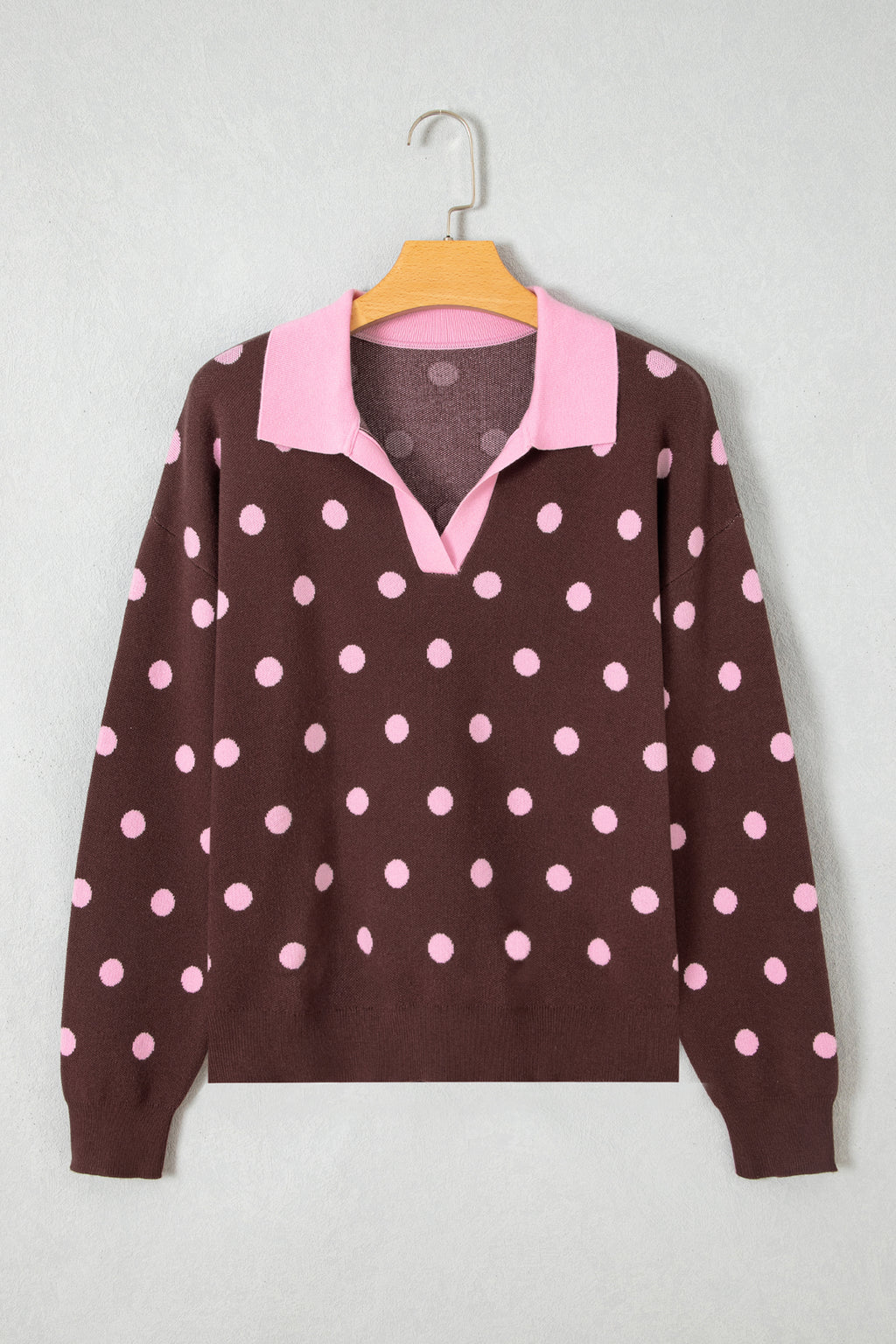 Pink Polka Dot Pattern Color Block Collared Loose Pullover Sweater