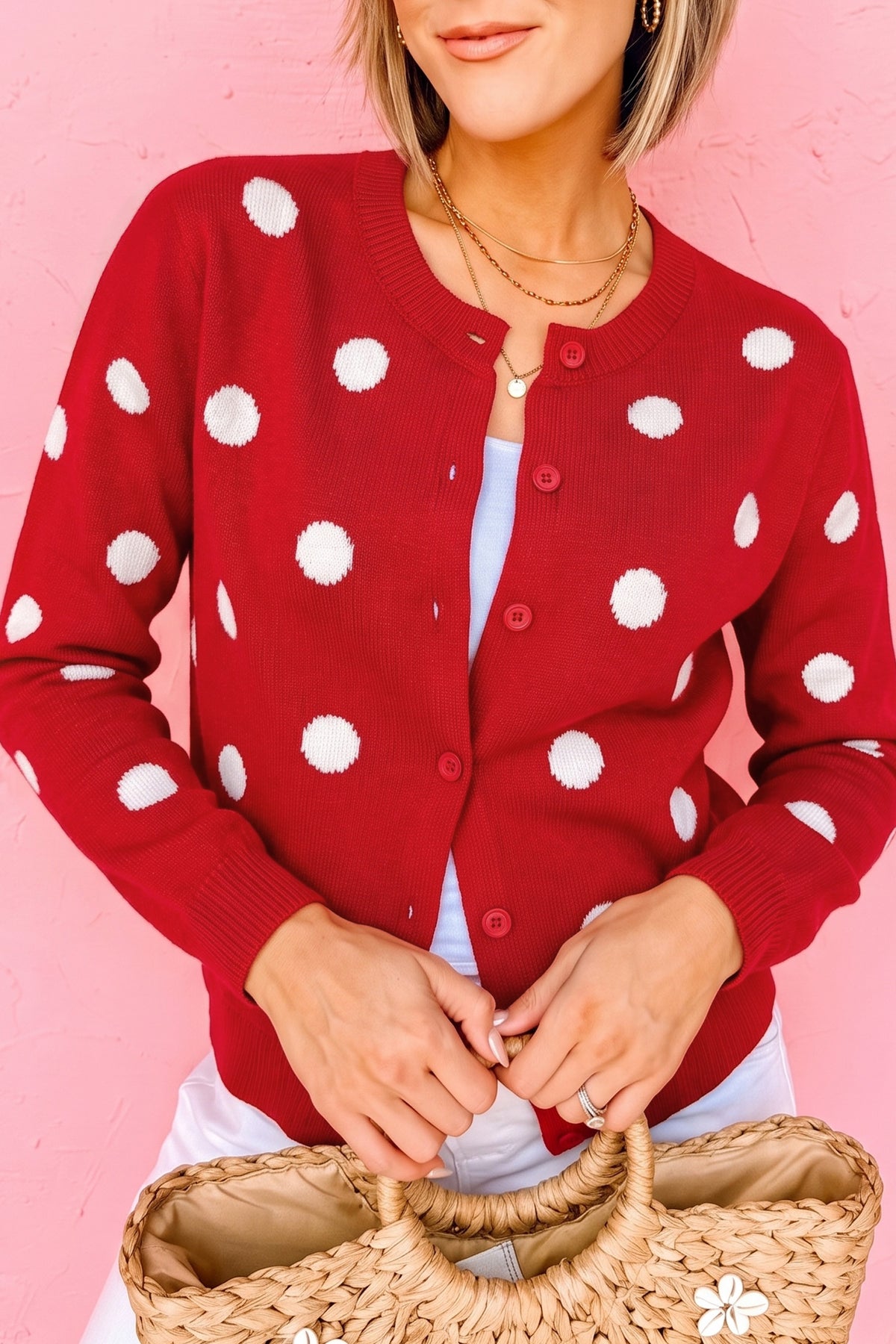 Yellow Cream Casual Polka Dot Button Front Long Sleeve Sweater Cardigan