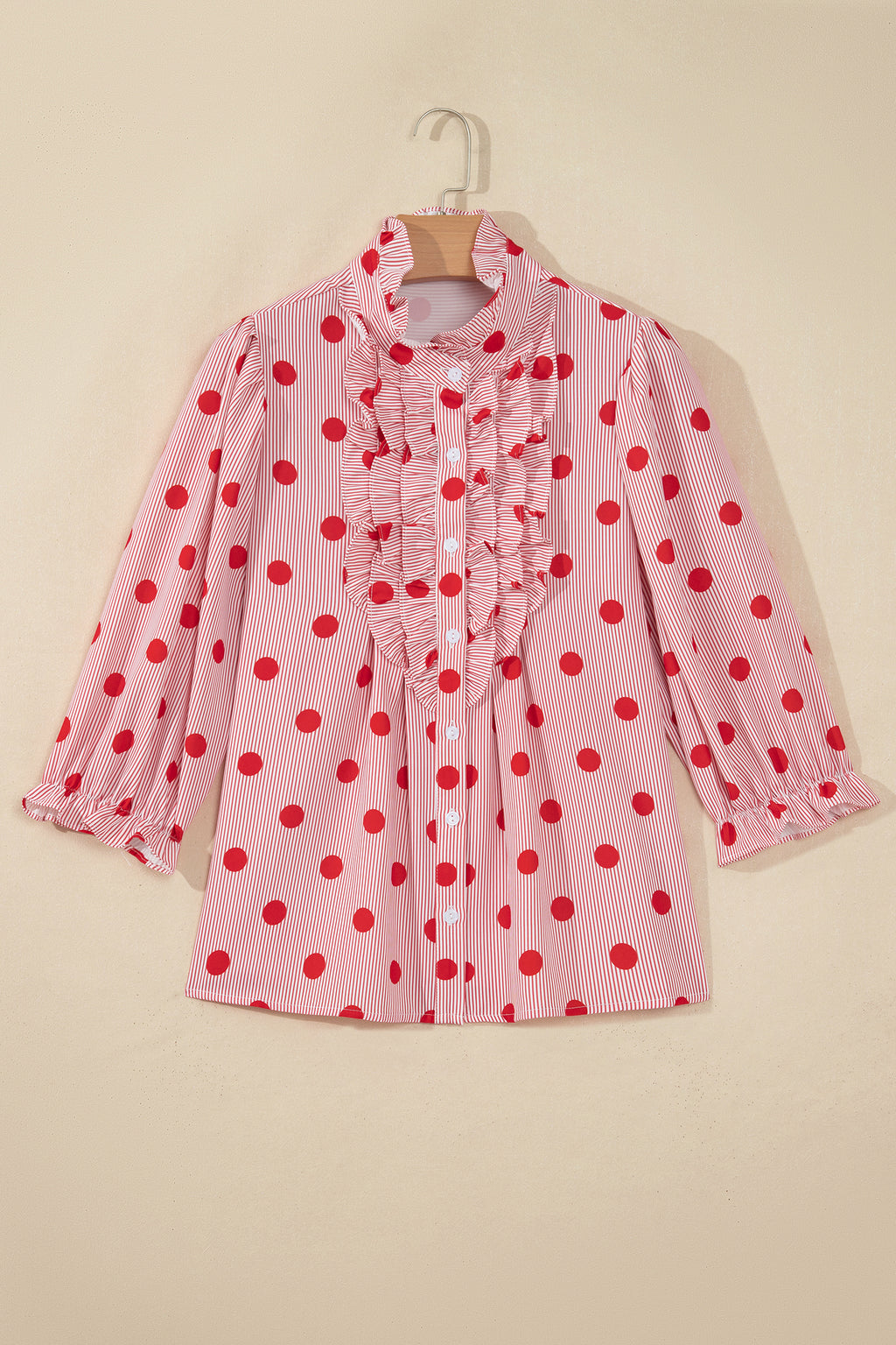 Black white Polka Dot Striped Print Ruffle Stand Neck 3/4 Sleeve Shift Shirt
