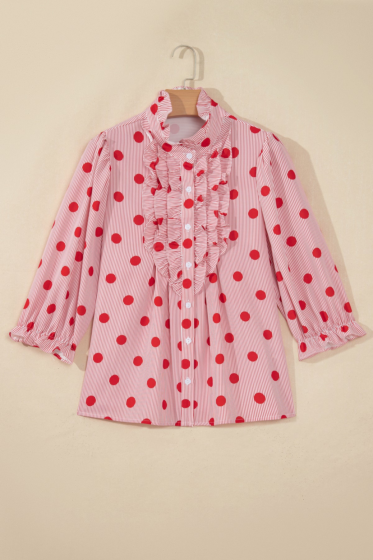 Black white Polka Dot Striped Print Ruffle Stand Neck 3/4 Sleeve Shift Shirt