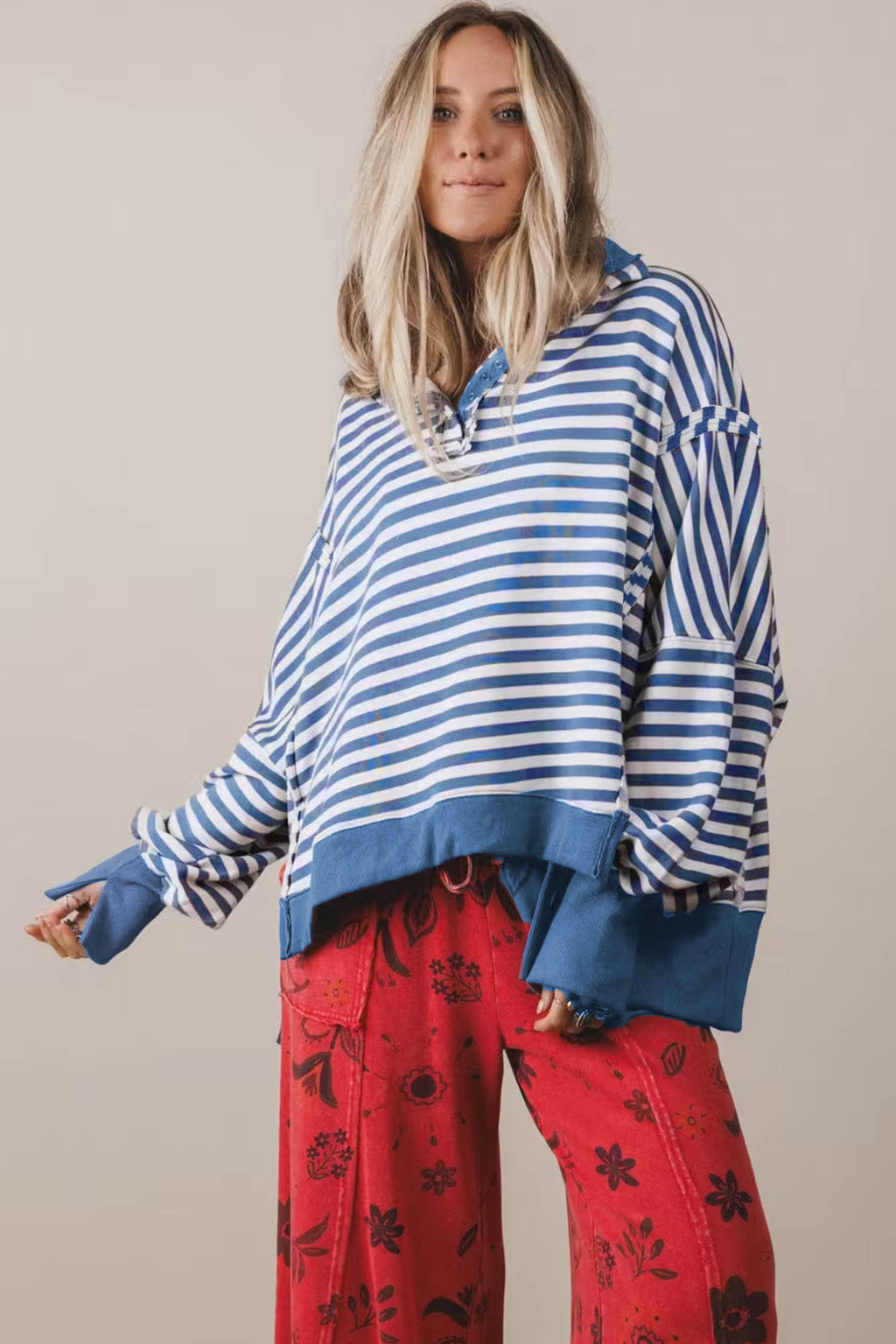 Brown Stripe Color Block Trim Raw Seam Split Hem Loose Pullover Sweatshirt