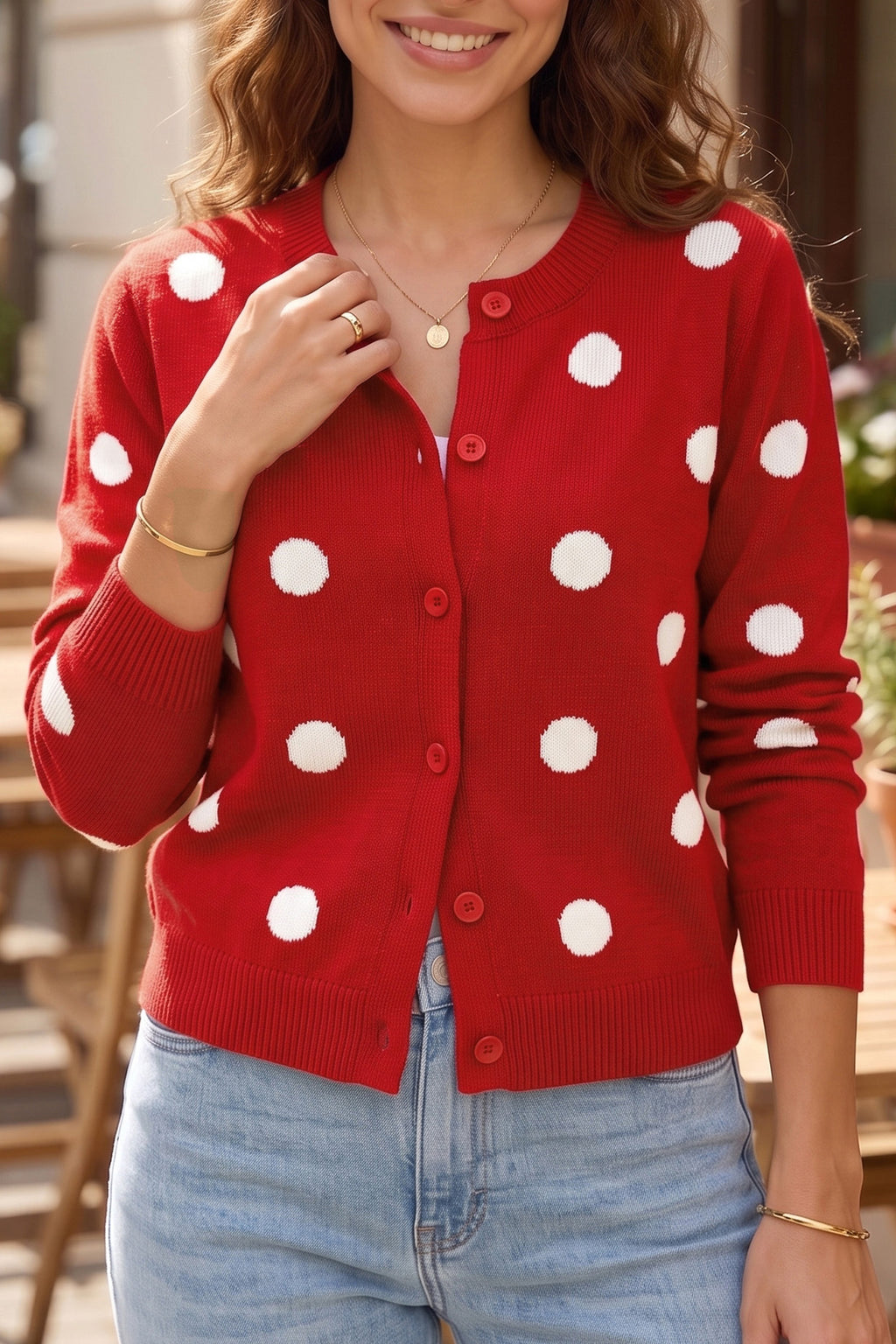 Yellow Cream Casual Polka Dot Button Front Long Sleeve Sweater Cardigan