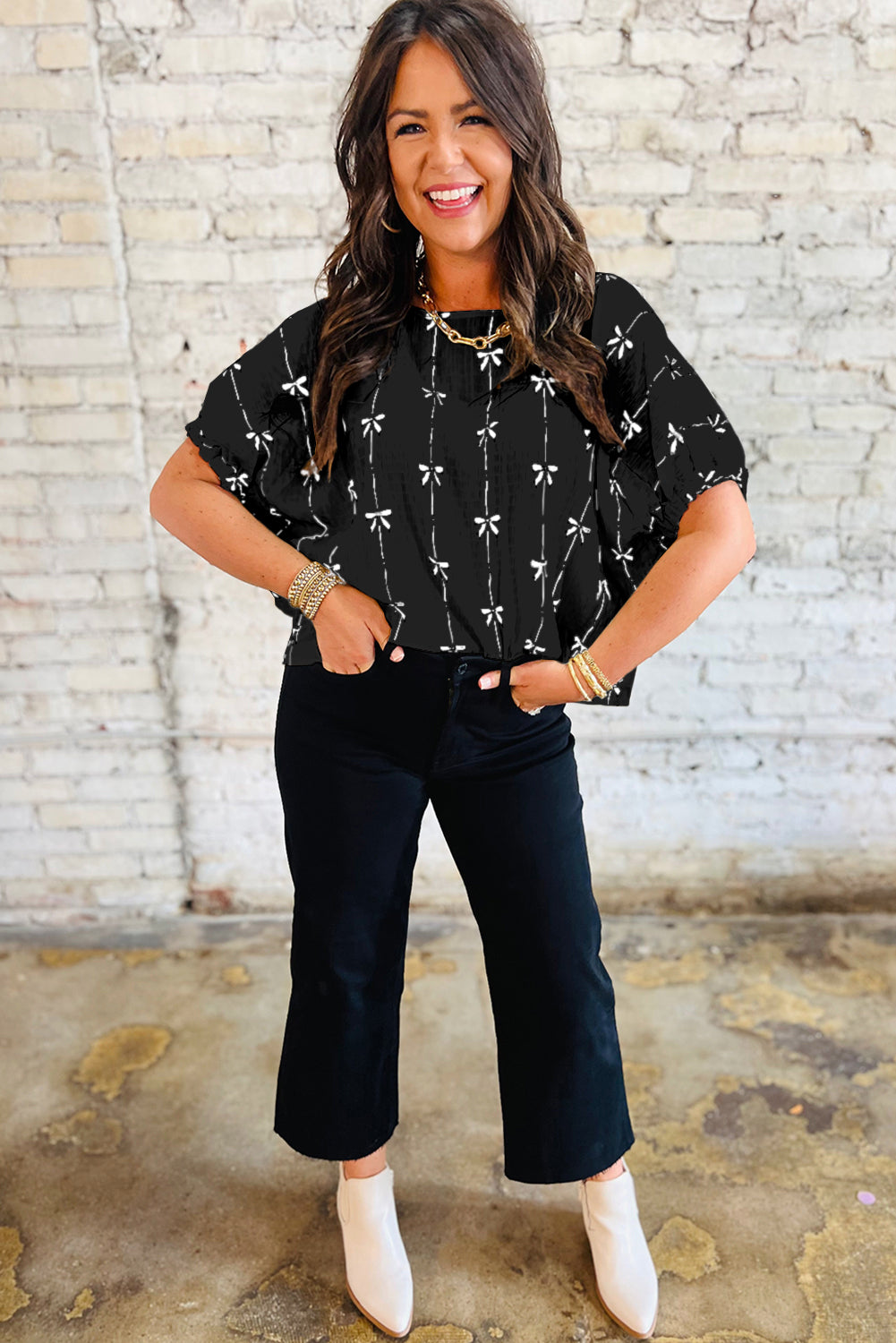 Beau Blue Bow Print Puff Short Sleeve Top